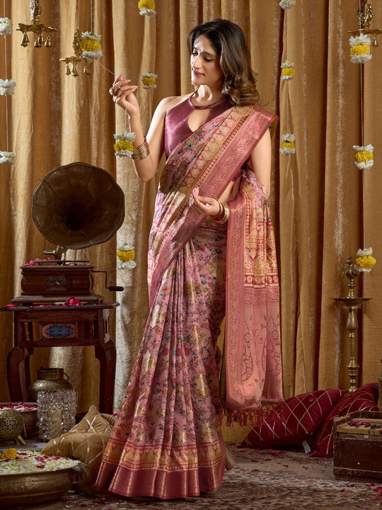 Pink Digital Cluster Print With Banarasi Border & Tassels Saree With Blouse Piece