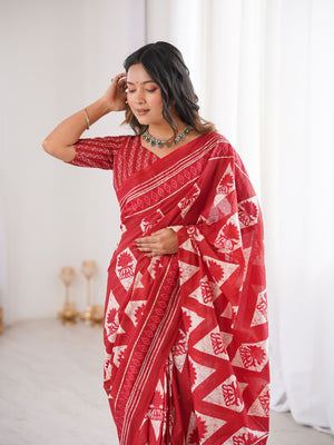 Soft Pure Cotton Hand Bagru Print Sarees With Blouse Pice