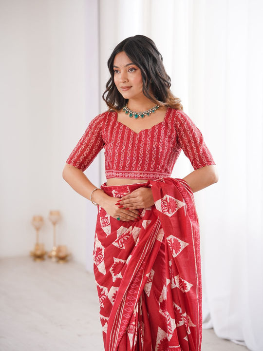 Soft Pure Cotton Hand Bagru Print Sarees With Blouse Pice