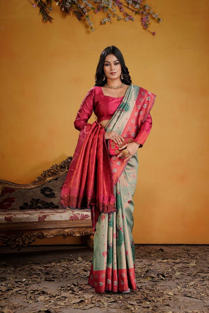 Kanjeevaram Silk Rich Palu With Contrast Blouse Weaving Silk Saree