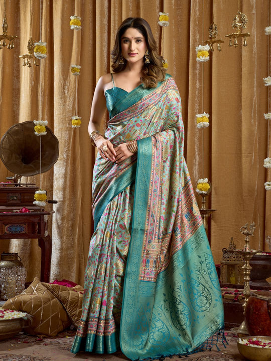 Teal Blue Digital Cluster Print With Banarasi Border & Tassels Saree With Blouse Piece