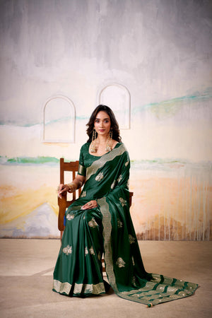 Satin Tissue Woven Design Jacquard Work Handloom  Saree With Blouse Piece