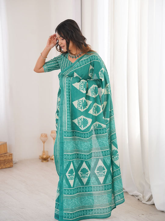 Soft Pure Cotton Hand Bagru Print Sarees With Blouse Pice