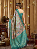 Teal Blue Digital Cluster Print With Banarasi Border & Tassels Saree With Blouse Piece