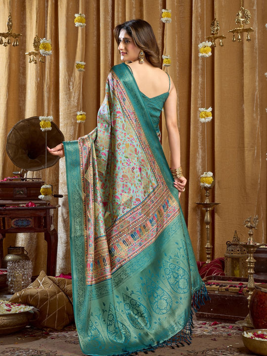 Teal Blue Digital Cluster Print With Banarasi Border & Tassels Saree With Blouse Piece