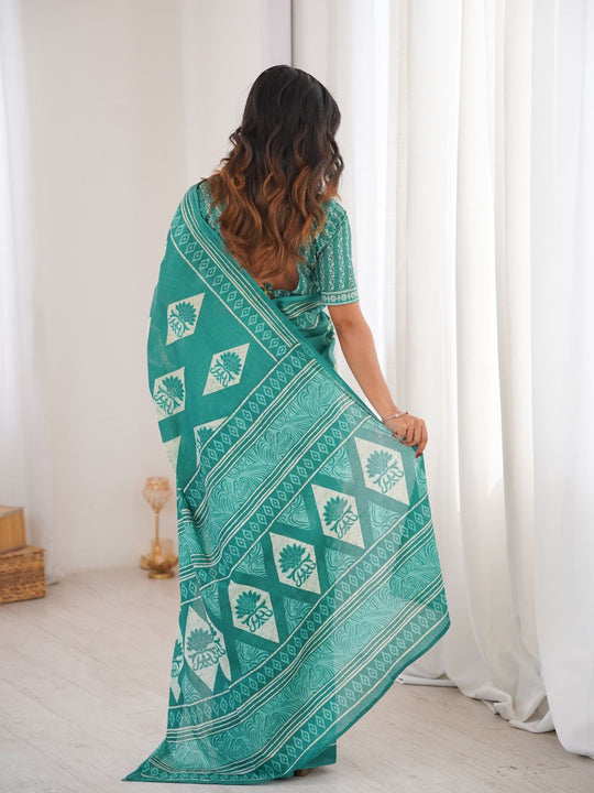 Soft Pure Cotton Hand Bagru Print Sarees With Blouse Pice