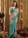 Teal Blue Digital Cluster Print With Banarasi Border & Tassels Saree With Blouse Piece