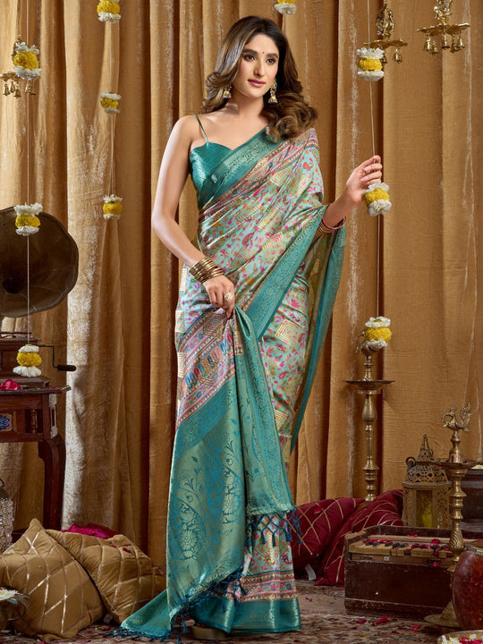 Teal Blue Digital Cluster Print With Banarasi Border & Tassels Saree With Blouse Piece