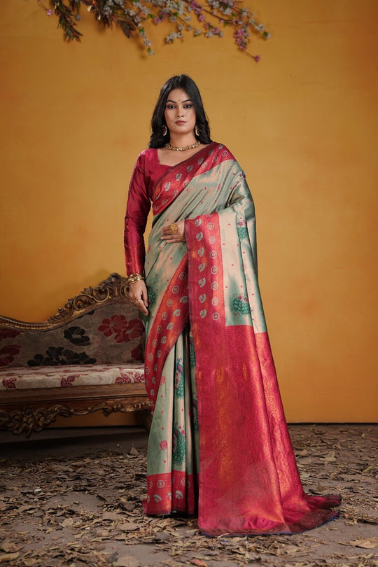 Kanjeevaram Silk Rich Palu With Contrast Blouse Weaving Silk Saree