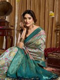 Teal Blue Digital Cluster Print With Banarasi Border & Tassels Saree With Blouse Piece