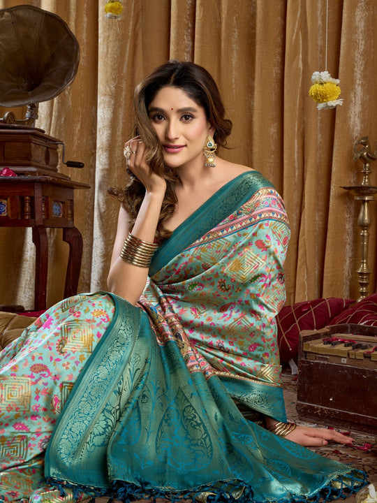 Teal Blue Digital Cluster Print With Banarasi Border & Tassels Saree With Blouse Piece