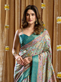Teal Blue Digital Cluster Print With Banarasi Border & Tassels Saree With Blouse Piece