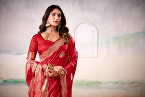Satin Tissue Woven Design Jacquard Work Handloom  Saree With Blouse Piece