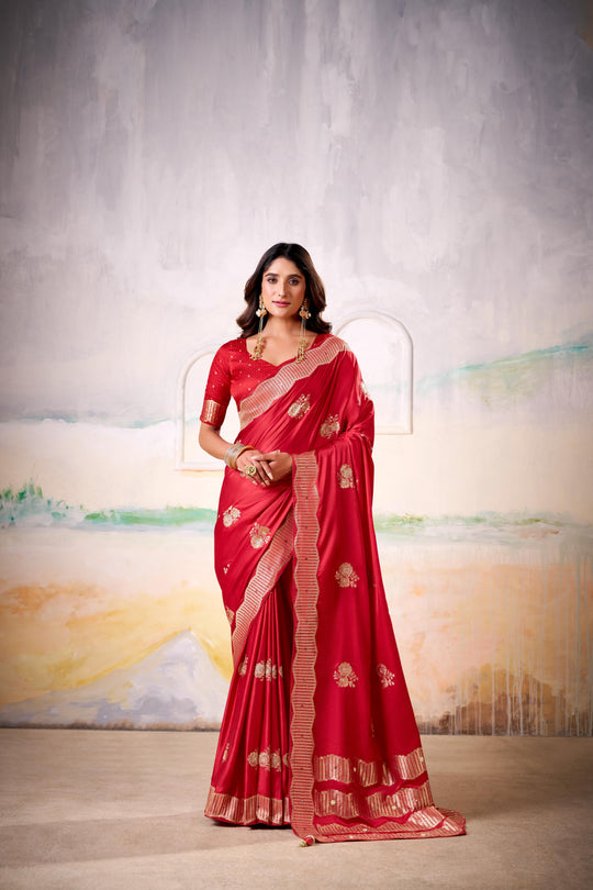 Satin Tissue Woven Design Jacquard Work Handloom  Saree With Blouse Piece