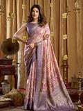 Lavender Digital Cluster Print With Banarasi Border & Tassels Saree With Blouse Piece