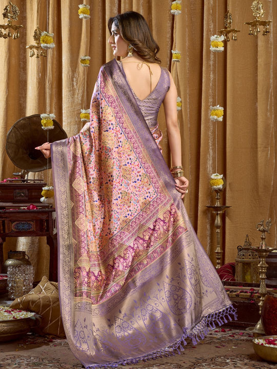 Lavender Digital Cluster Print With Banarasi Border & Tassels Saree With Blouse Piece