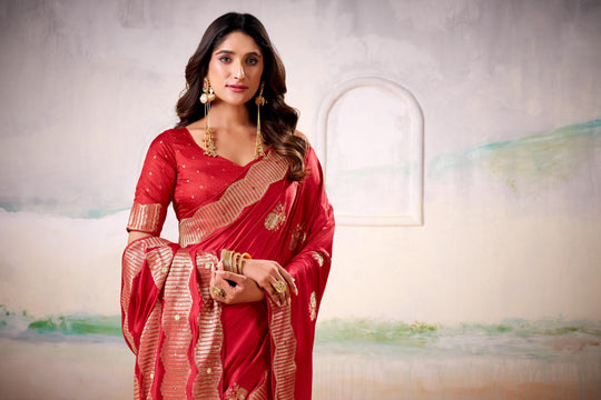 Satin Tissue Woven Design Jacquard Work Handloom  Saree With Blouse Piece