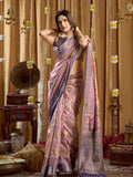 Lavender Digital Cluster Print With Banarasi Border & Tassels Saree With Blouse Piece