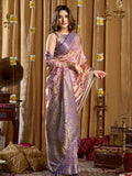 Lavender Digital Cluster Print With Banarasi Border & Tassels Saree With Blouse Piece