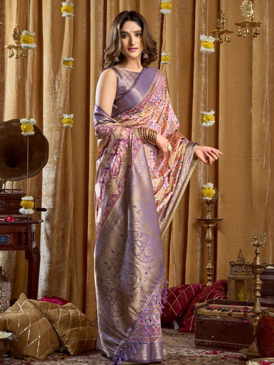 Lavender Digital Cluster Print With Banarasi Border & Tassels Saree With Blouse Piece