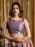 Lavender Digital Cluster Print With Banarasi Border & Tassels Saree With Blouse Piece