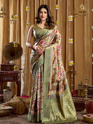 Pista Green Digital Cluster Print With Banarasi Border & Tassels Saree With Blouse Piece
