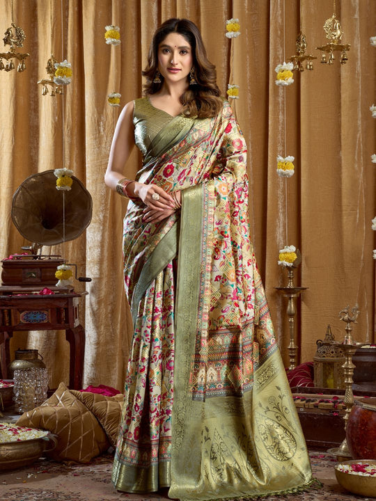 Pista Green Digital Cluster Print With Banarasi Border & Tassels Saree With Blouse Piece