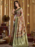 Pista Green Digital Cluster Print With Banarasi Border & Tassels Saree With Blouse Piece