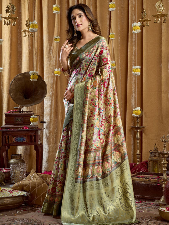 Pista Green Digital Cluster Print With Banarasi Border & Tassels Saree With Blouse Piece