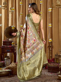 Pista Green Digital Cluster Print With Banarasi Border & Tassels Saree With Blouse Piece