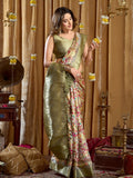 Pista Green Digital Cluster Print With Banarasi Border & Tassels Saree With Blouse Piece