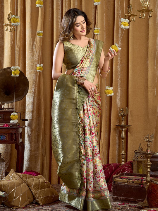 Pista Green Digital Cluster Print With Banarasi Border & Tassels Saree With Blouse Piece