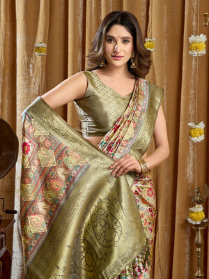 Pista Green Digital Cluster Print With Banarasi Border & Tassels Saree With Blouse Piece