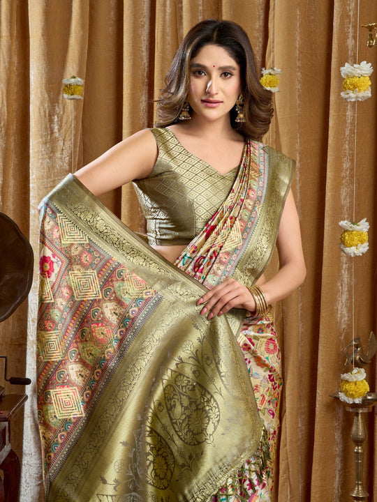Pista Green Digital Cluster Print With Banarasi Border & Tassels Saree With Blouse Piece