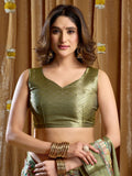 Pista Green Digital Cluster Print With Banarasi Border & Tassels Saree With Blouse Piece