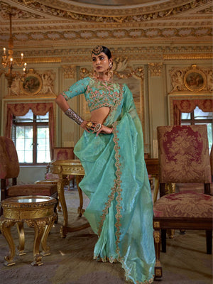 Soft Tissue Multi Thread Work Embroidered Saree