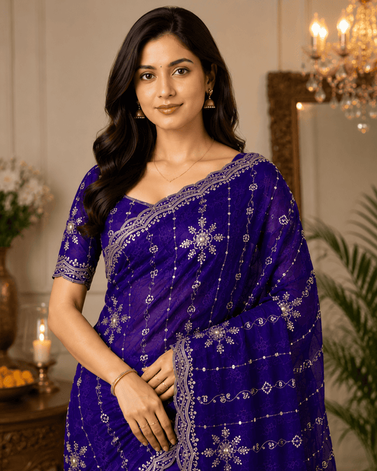 Blue Embroidered Saree With Blouse Piece