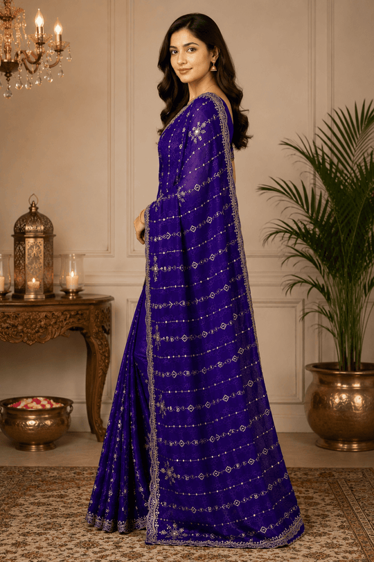 Blue Embroidered Saree With Blouse Piece