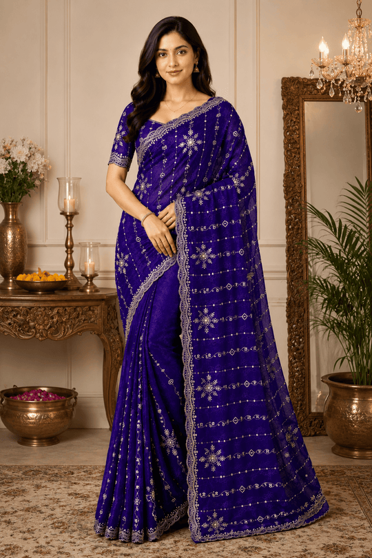Blue Embroidered Saree With Blouse Piece