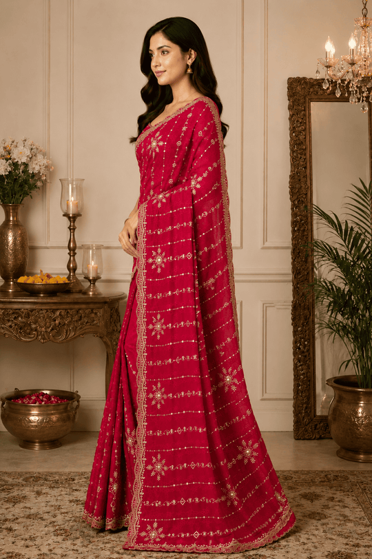 Red Embroidered Saree With Blouse Piece