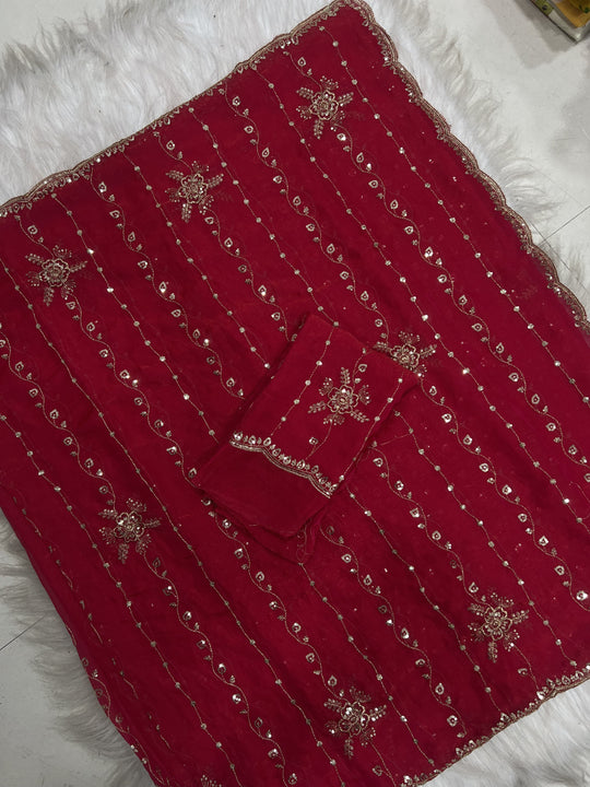 Red Embroidered Saree With Blouse Piece