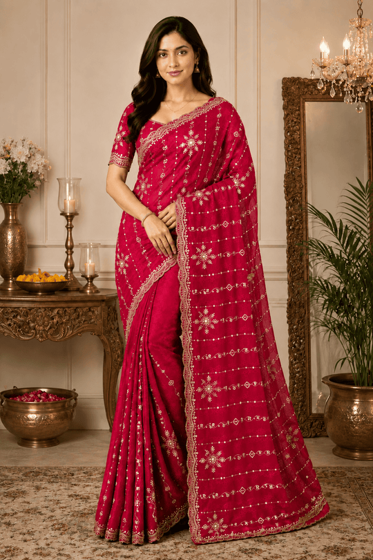 Red Embroidered Saree With Blouse Piece