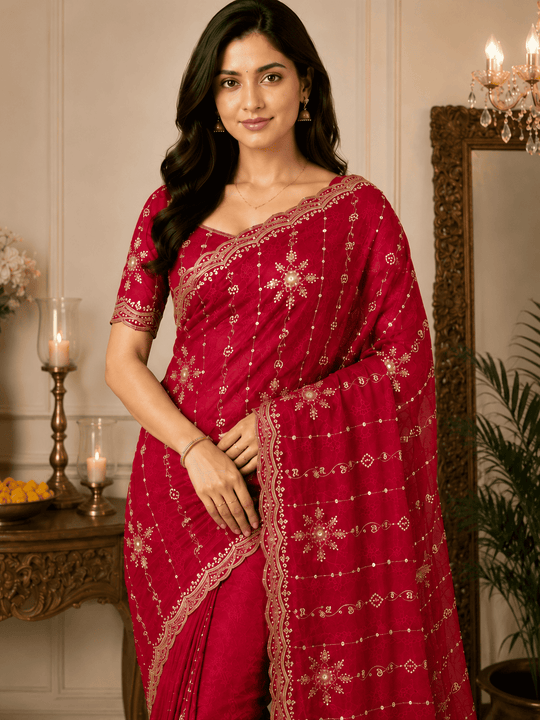 Red Embroidered Saree With Blouse Piece