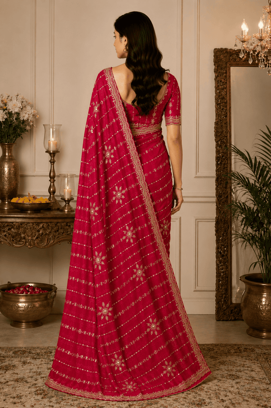 Red Embroidered Saree With Blouse Piece