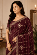 Dark Purple Embroidered Saree With Blouse Piece