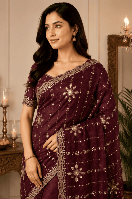Dark Purple Embroidered Saree With Blouse Piece