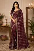 Dark Purple Embroidered Saree With Blouse Piece