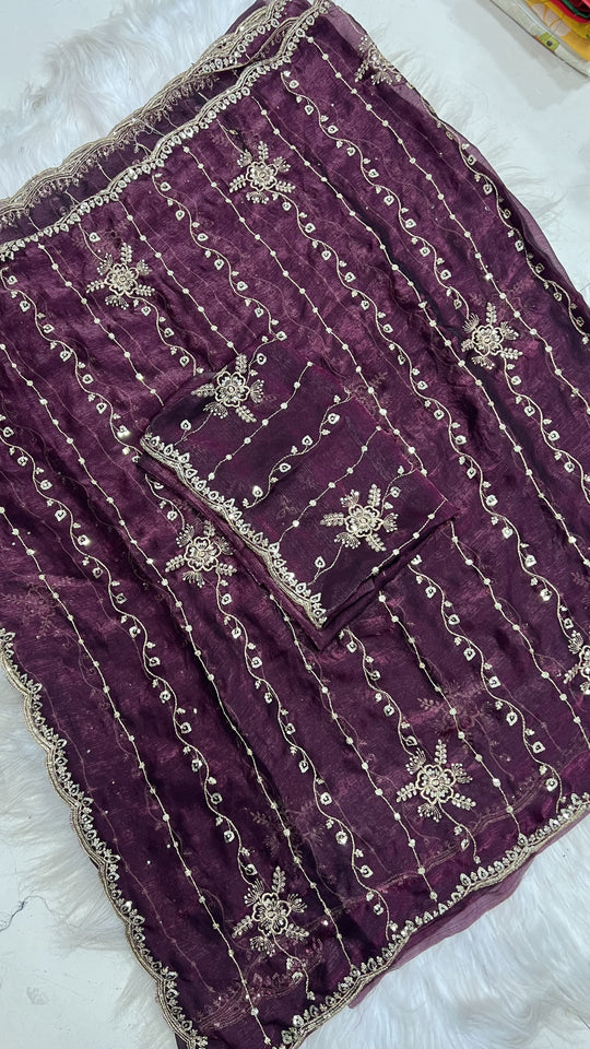 Dark Purple Embroidered Saree With Blouse Piece