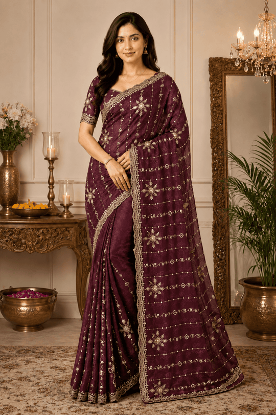 Dark Purple Embroidered Saree With Blouse Piece