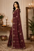 Dark Purple Embroidered Saree With Blouse Piece